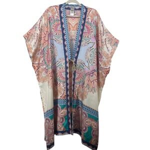 Chicos Size L/XL Kimono Multicolor 100% Silk Paisley Tassel Tie Open Front women